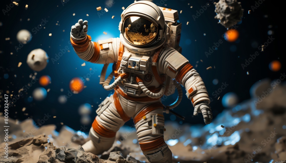 Astronaut on the moon with a damaged spacesuit floating in space.