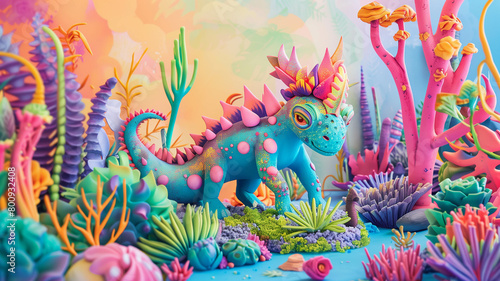 Whimsical characters sculpted from colorful modeling clay, posed in a vibrant fantasy world. Ai generated