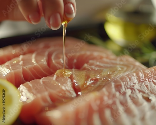 Female Hand Rubbing Olive Oil on Fish.
Close-Up of Hand Applying Olive Oil to Fish photo