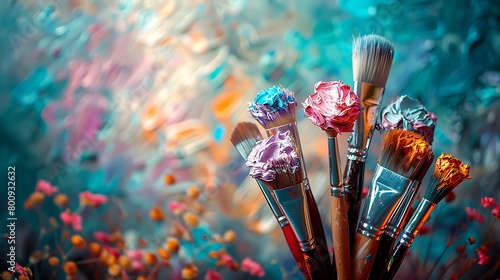 Close-up of an assortment of colorful paintbrushes with painted wooden handles