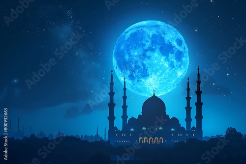 A silhouette of a big mosque on Blue full moon in night background. Ramadan concept photo