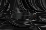 Round transparent glass platform Podium background 3D on black wave silk satin fabric background. Blank black cylinder form mock up background for beauty cosmetic product presentation 