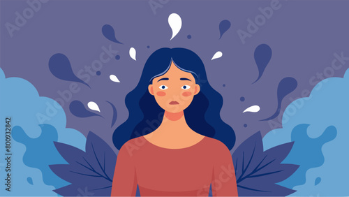 A woman lost in her anxiety breathing heavily suddenly calms down and becomes aware of her surroundings anchoring herself to the present..