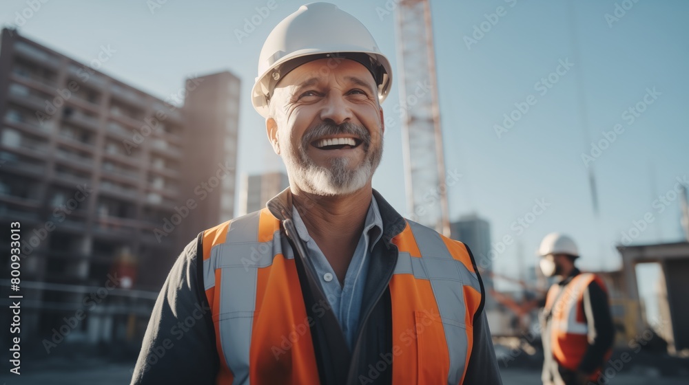 Joyful construction supervisor on site with crew behind Joyful construction supervisor on site with crew behind