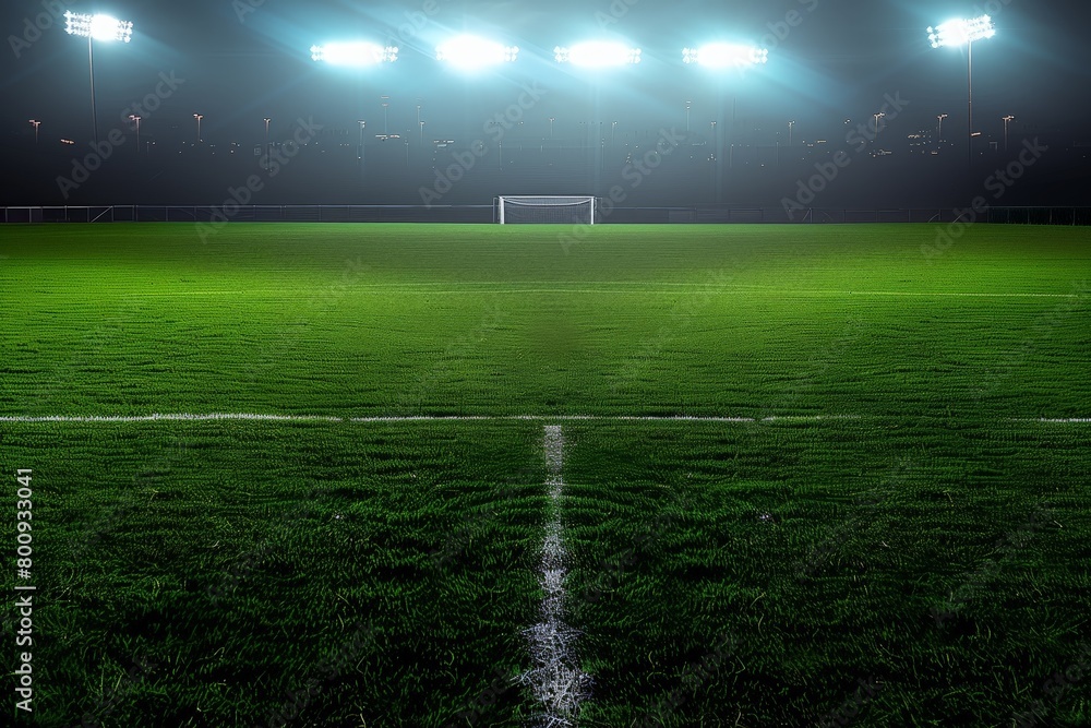 Illuminated night soccer field with vibrant green and white lines