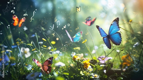 A dreamlike Easter garden where musical notes float in the air  transforming into colorful butterflies with each melodic tune.