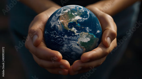 Close-up shot of hands gently holding a detailed globe representing world care and environmental awareness