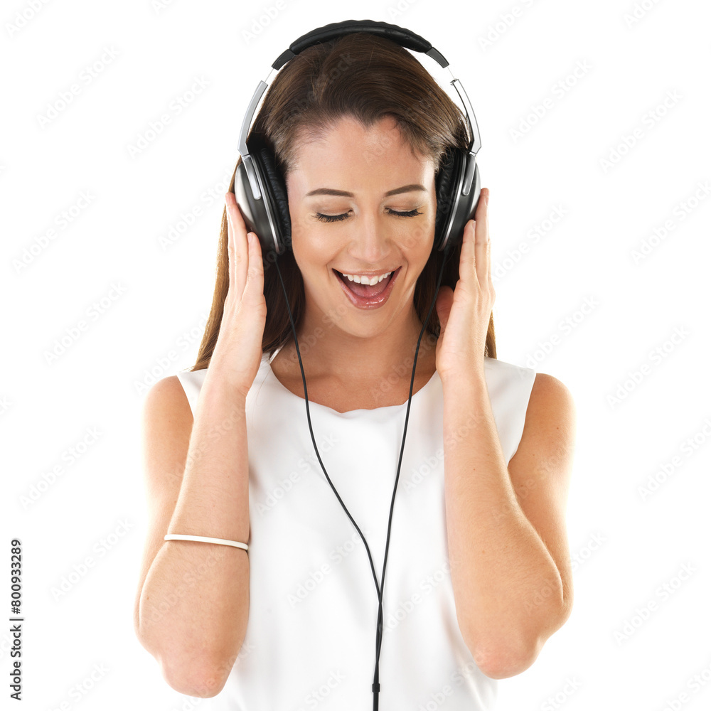 Music, excited and woman on headphones in studio for streaming and listening to audio online isolated on white background. Eyes closed, radio tech and happy girl on podcast or singing jazz to relax Music, excited and woman on headphones in studio for streaming and listening to audio online isolated on white background. Eyes closed, radio tech and happy girl on podcast or singing jazz to relax