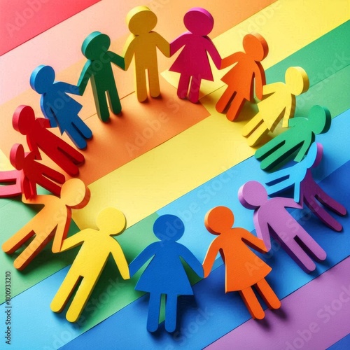 A group of paper people standing in a circle, LGBT community, vivid colors, creative commons attribution