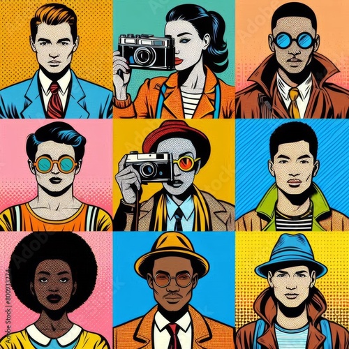 A group of people with a camera in a pop art style, figurativism, pop art, fauvism, vector art photo