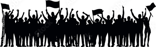 Silhouette of crowd, energetic unity celebration, waving flags. people silhouette, people gathering, expressing protest or cheer vector