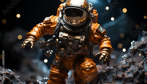 An astronaut in a spacesuit walks on the surface of a planet
