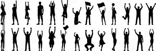 Silhouette of diverse crowd celebrating with flags, depicting joy and festivity. People in various poses, dancing and cheering against a white background