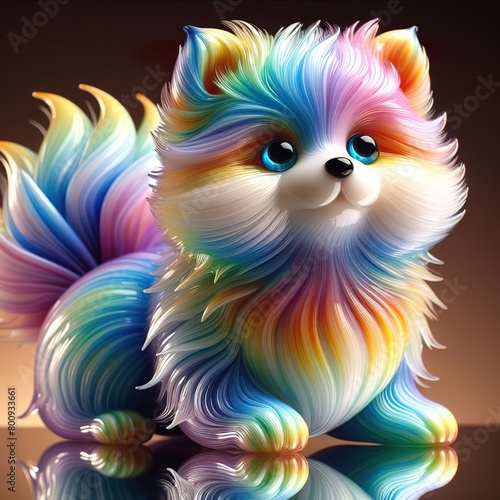 A stunning blown glass sculpture of a playful, fluffy puppy with seamlessly blended rainbow colors swirling through its fur