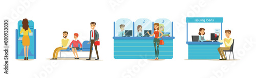 People Clients in Bank Office Talk to Consultant Vector Set