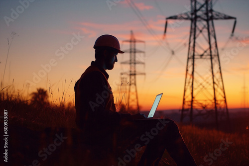 Silhouette of engineer working on laptop with high voltage pole on background.