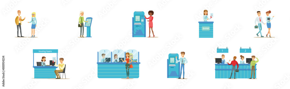 Obraz premium People Clients in Bank Office Talk to Consultant Vector Set
