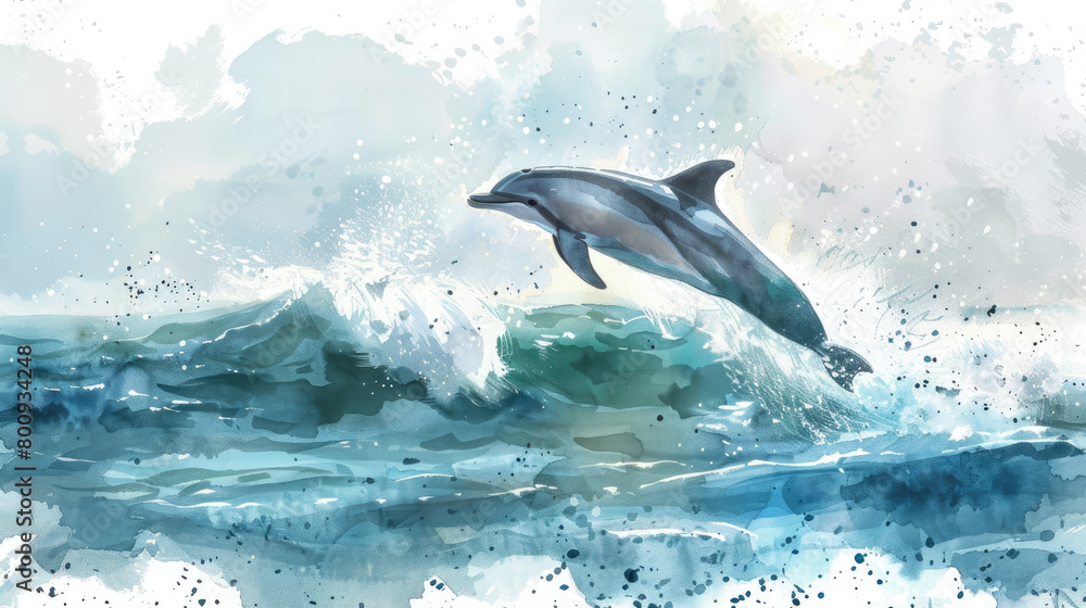 Obraz premium Watercolor painting depicting dolphins jumping out of the ocean waves