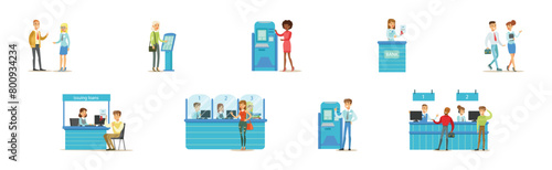 People Clients in Bank Office Talk to Consultant Vector Set