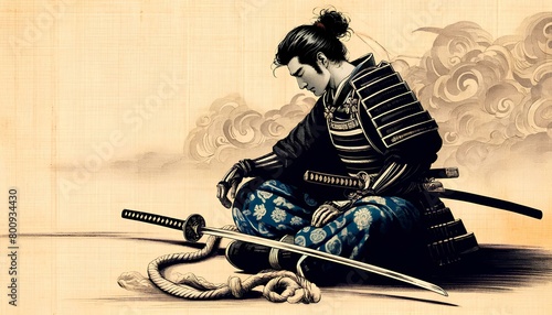 Japanese man in a samurai holding a katana sword. Ukiyo-e, Japanese painting.｜刀を持った武士の日本人男性、浮世絵、日本画