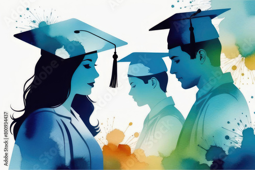 Silhouettes of students wearing graduation caps in water color painting. photo