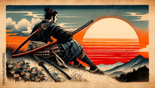 Japanese man in a samurai holding a katana sword. Ukiyo-e, Japanese painting.｜刀を持った武士の日本人男性、浮世絵、日本画 photo