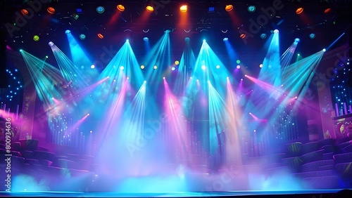 Vibrant Concert Stage with Colorful Spotlights, Smoke, and Theatrical Lighting Effects. Concept Concert Stage Design, Colorful Lighting, Theatrical Effects, Smoke Machines, Vibrant Atmosphere