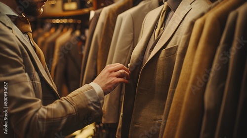 a well-dressed man in a suit shop browsing through a selection of elegant suits on hangers