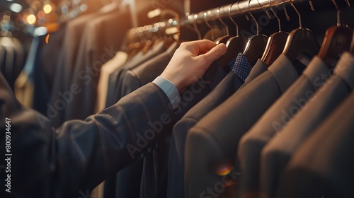 a well-dressed man in a suit shop browsing through a selection of elegant suits on hangers photo