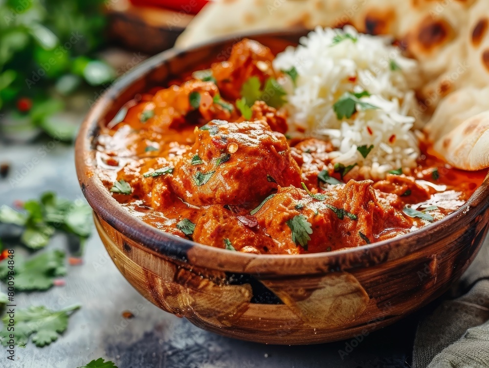 Chicken Tikka Masala Curry Naan Garlic Basmati Rice Close-Up Indian Food Dining Dinner Blurred Background Image Chicken Tikka Masala Curry Naan Garlic Basmati Rice Close-Up Indian Food Dining Dinner Blurred Background Image