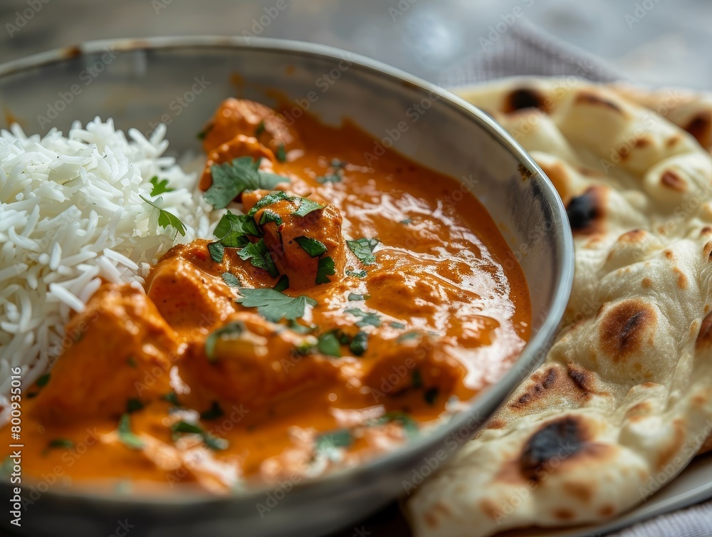 Chicken Tikka Masala Curry Naan Garlic Basmati Rice Close-Up Indian Food Dining Dinner Blurred Background Image Chicken Tikka Masala Curry Naan Garlic Basmati Rice Close-Up Indian Food Dining Dinner Blurred Background Image