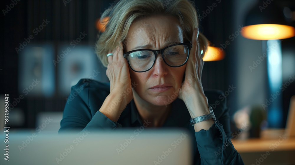 A woman wearing glasses is sitting at a desk with a laptop, looking at the laptop with a concerned expression on her face. Worried fatigued mature business woman having headache at work. A woman wearing glasses is sitting at a desk with a laptop, looking at the laptop with a concerned expression on her face. Worried fatigued mature business woman having headache at work.