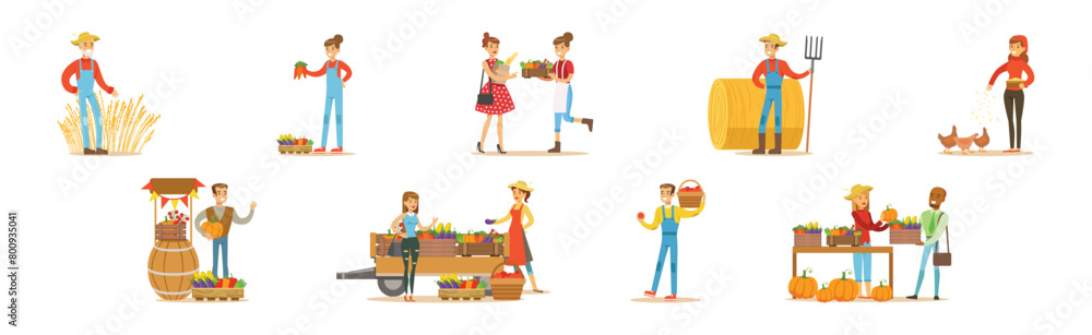 Farmer Produce Local Organic Food and Crop and Market Sell Vector Set
