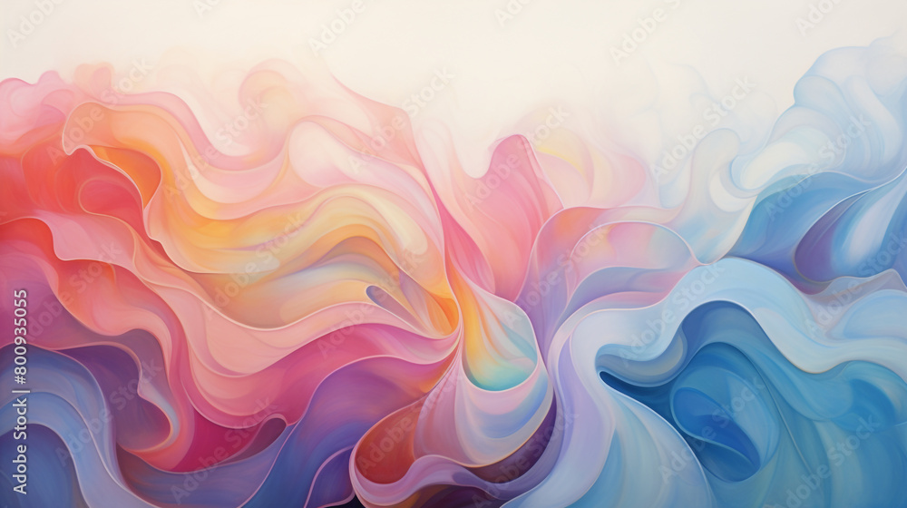 Intricately blended waves of chromatic brilliance unfold against a serene white backdrop.