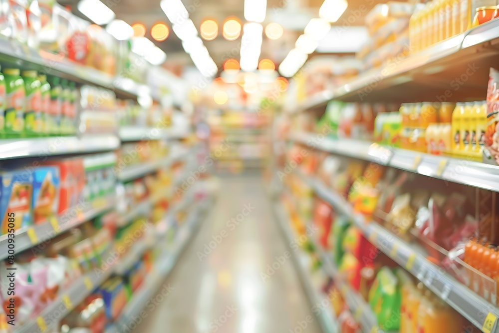 Fototapeta premium a blurred supermarket aisle, with a focus on creating a dreamy bokeh effect