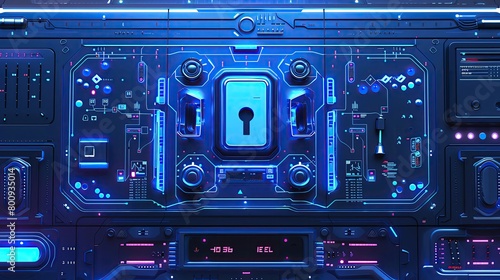 Neon blue digital lock interface on a futuristic security panel, abstract and high tech
