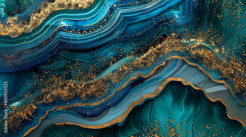 Glossy Finish in Ultra High Definition Agate Ripples, Deep Turquoise and Lustrous Gold Alcohol Ink.