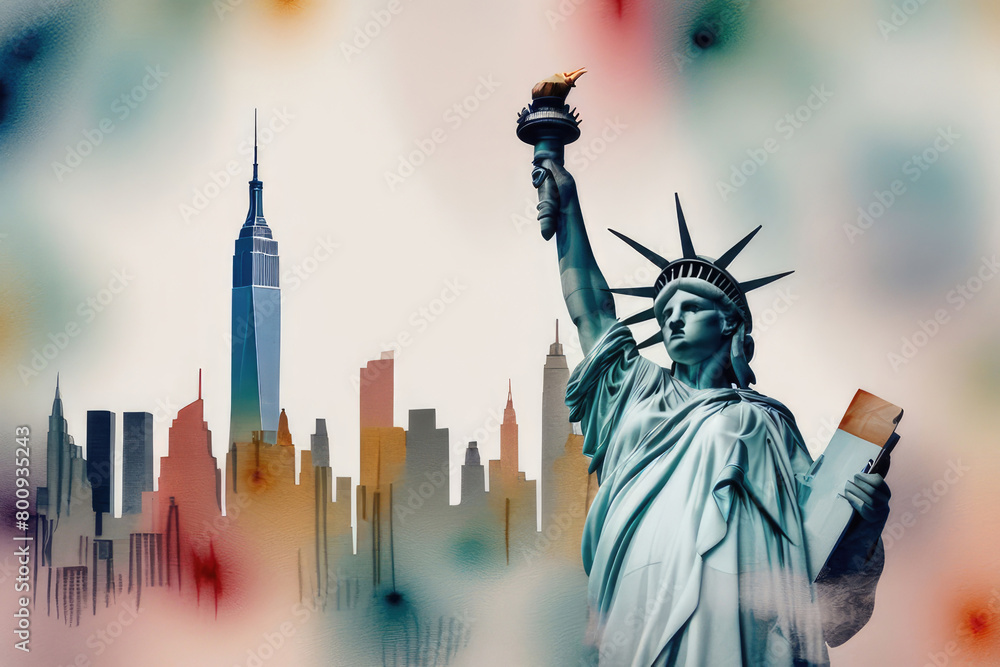 Fototapeta premium Statue of Liberty and city clipart in watercolor style, cityscape wall art.