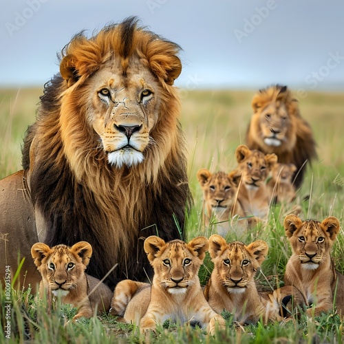 Majestic African Lion Pride in Vibrant Savanna Landscape © tantawat