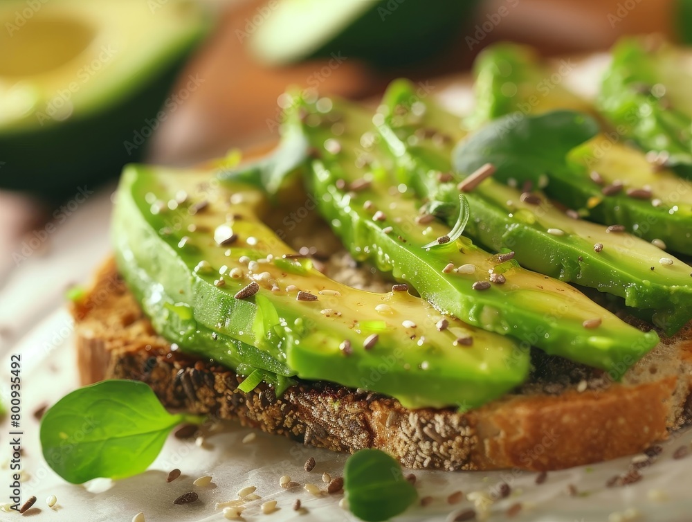 Naklejka premium Avocado Toast Egg Eggs Tomatoes Bread Breakfast Close-Up Food Dining Blurred Background Image