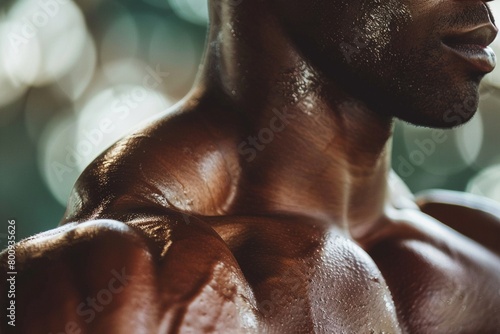 Ein Muskulöser Bodybuilder, Fokus auf seine muskulöse Brust und Schulter  photo