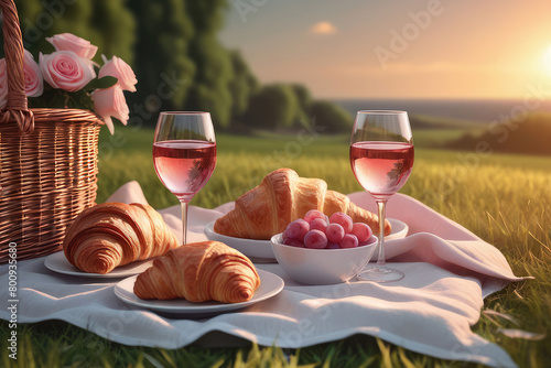 Sunset picnic with strawberries, croissants and appetizers on the board and rose wine on the grass.