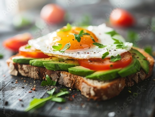 Avocado Toast Egg Eggs Tomatoes Bread Breakfast Close-Up Food Dining Blurred Background Image