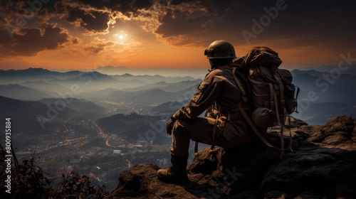 A climber is enjoying the sunrise while sitting on a rock