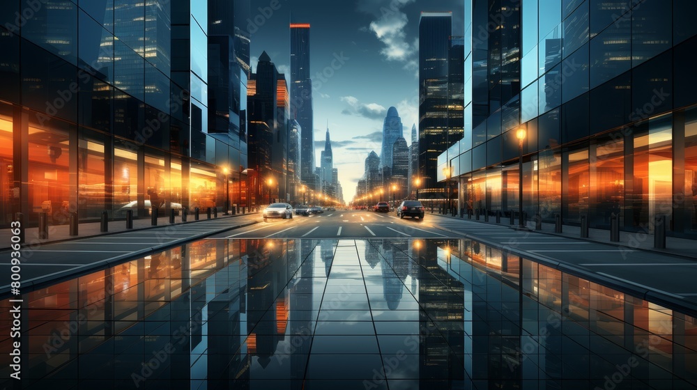 A photo of a modern city street with skyscrapers made of glass and steel reflecting the lights of the city.