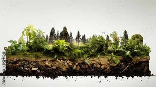 Cutaway illustration of a forest ecosystem, showing the plants and animals that live in the forest, as well as the soil and rocks that make up the forest floor.