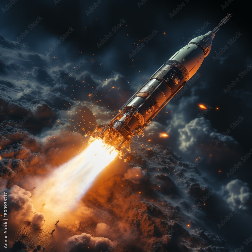 Obraz premium Space shuttle rocket in deep space with clouds and Earth planet.