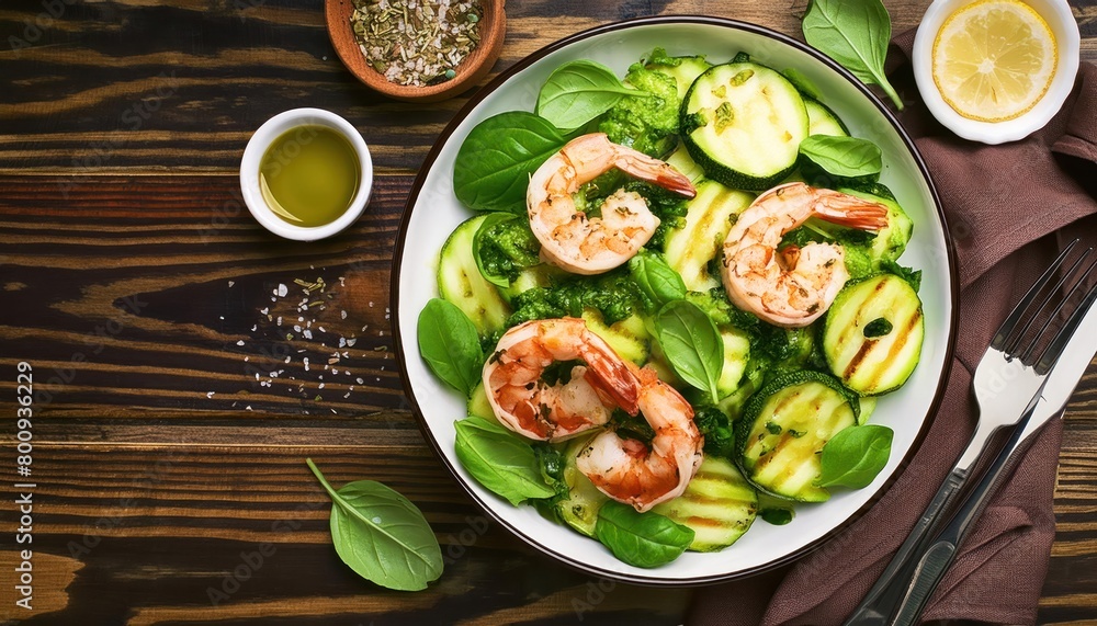 Salad with grilled shrimp and fresh green vegetables, spinach leaves and zucchini served Salad with grilled shrimp and fresh green vegetables, spinach leaves and zucchini served