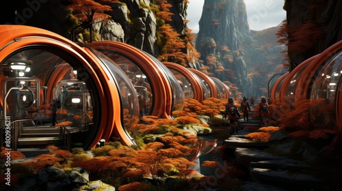 Sci-fi orange buildings in a valley with a river and autumn trees photo
