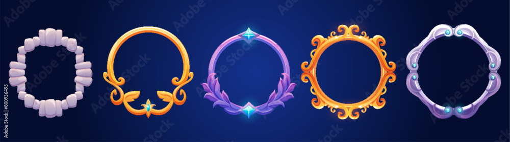 Fototapeta premium Medieval game frames set isolated on background. Vector cartoon illustration of round avatar decorations made of gold, silver metal ornamented with color crystal gem stones, winner trophy emblem